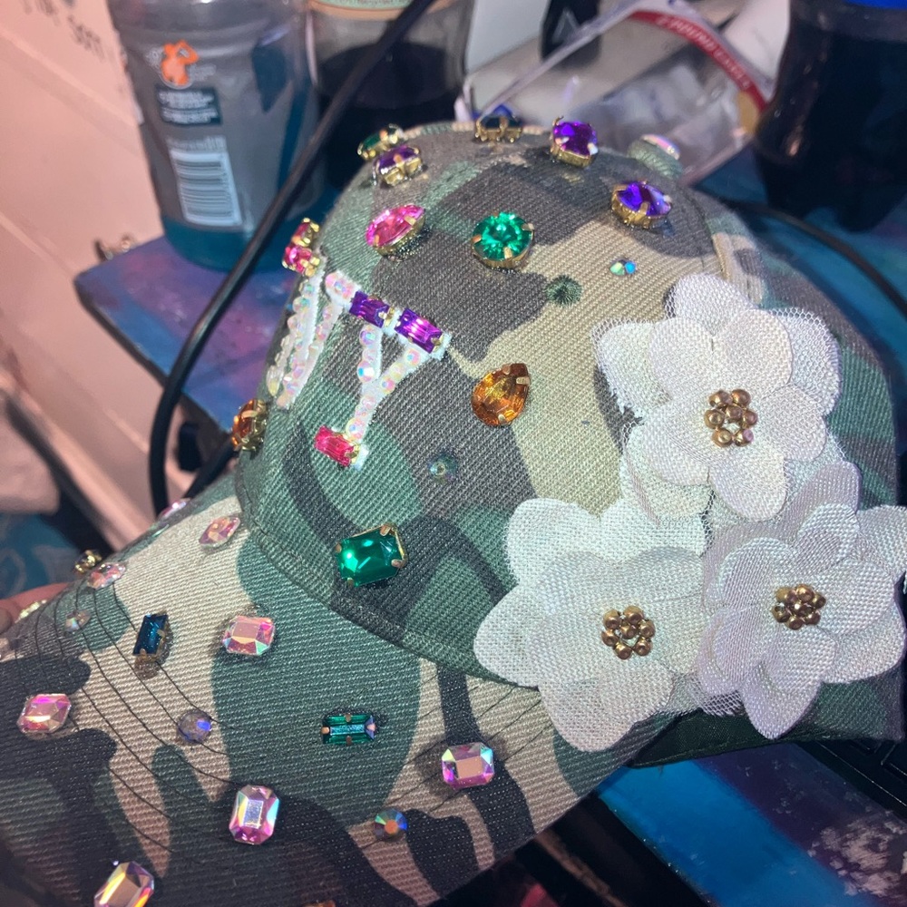Custom Embellished Camouflage Cap with Floral Accents